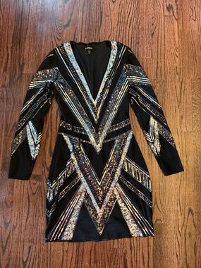 Express Black Long Sleeve Sequin Geometric Mini Dress